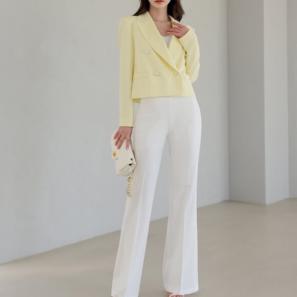 NWT Ode Butter Yellow Tweed Silver Button Cropped Light Blazer - Picture 3 of 8